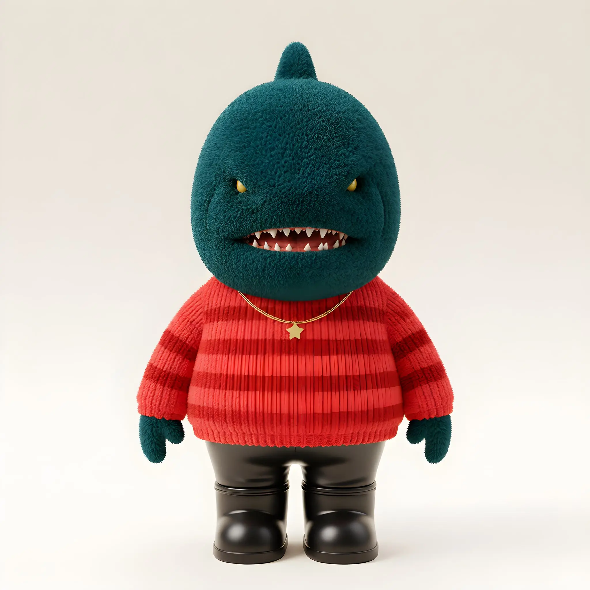 Full-body deep blue Lil Biter wearing a red striped sweater