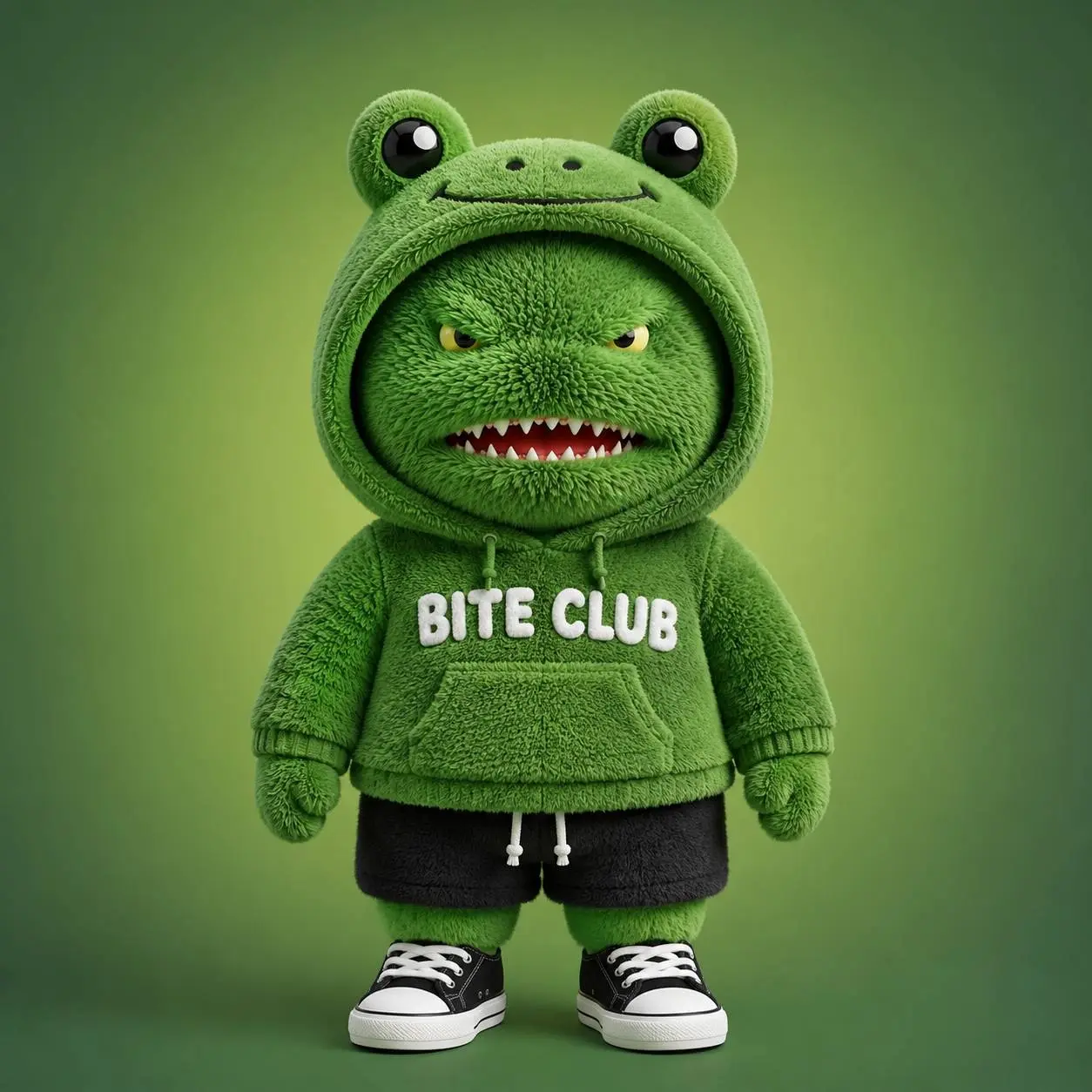 Green Lil Biter wearing a frog hoodie
