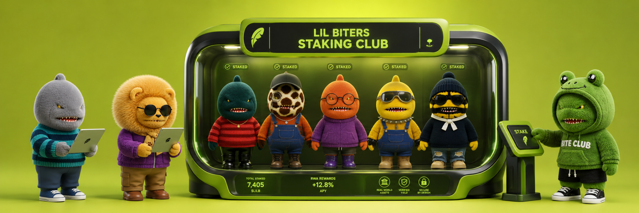 Lil Biters gathered around a lime green staking machine
